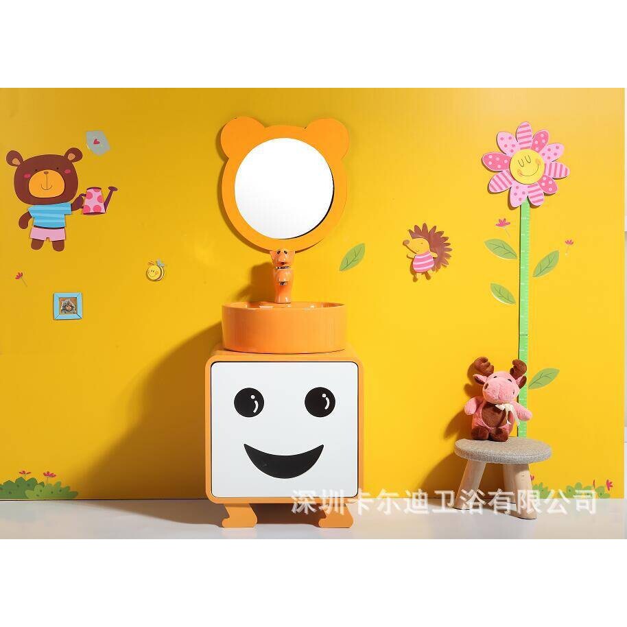 双盆高低子母盆洗手台组合幼儿园PVC防水卡通浴室柜双人洗漱台