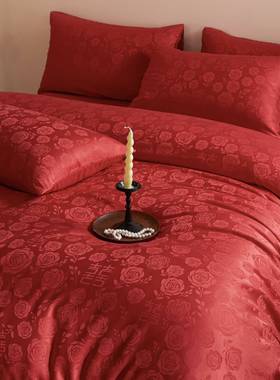 式浮雕玫瑰花结婚四套红色41520床法单新婚喜字被套全棉件婚庆上床用品