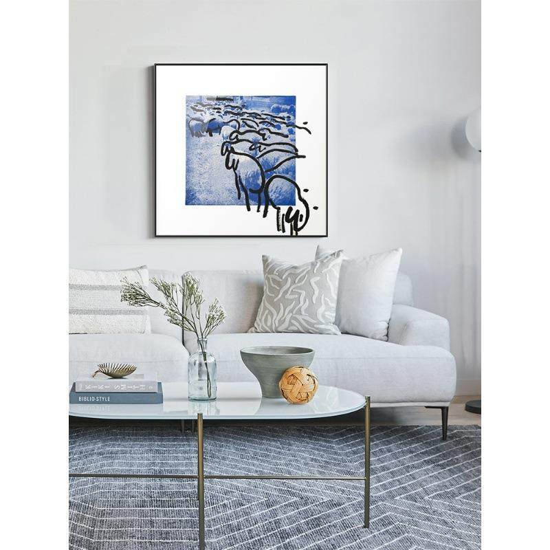 极现代简莱因装OOX蓝色小众艺术挂画抽象文艺复古留白克桌面摆件