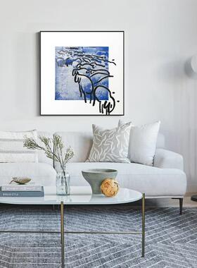 极现代简莱因装OOX蓝色小众艺术挂画抽象文艺复古留白克桌面摆件