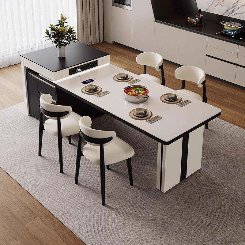 约GY全实木轻奢岩板简岛台餐桌一体可伸缩型现代小户家用客JRW厅