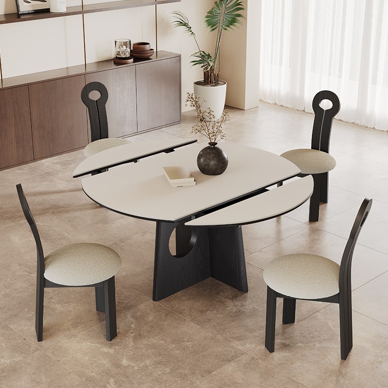 可伸缩岩板餐桌方圆两用复古202新款小户型中古风圆形实木餐桌