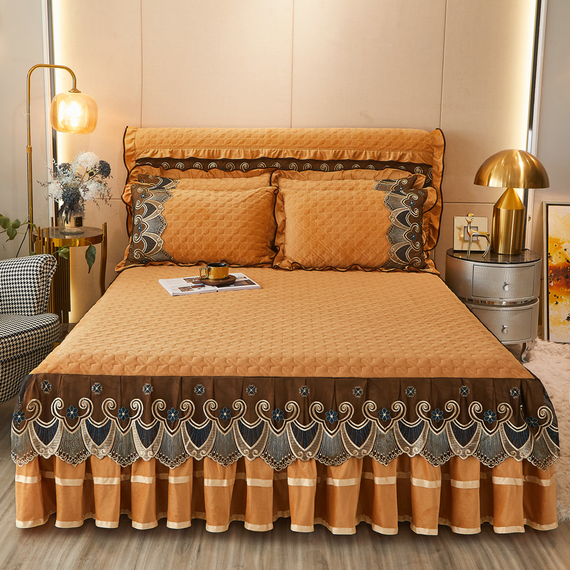 秋冬夹棉加厚水晶绒蕾丝边床裙单件加棉床罩防滑床垫防尘床头罩