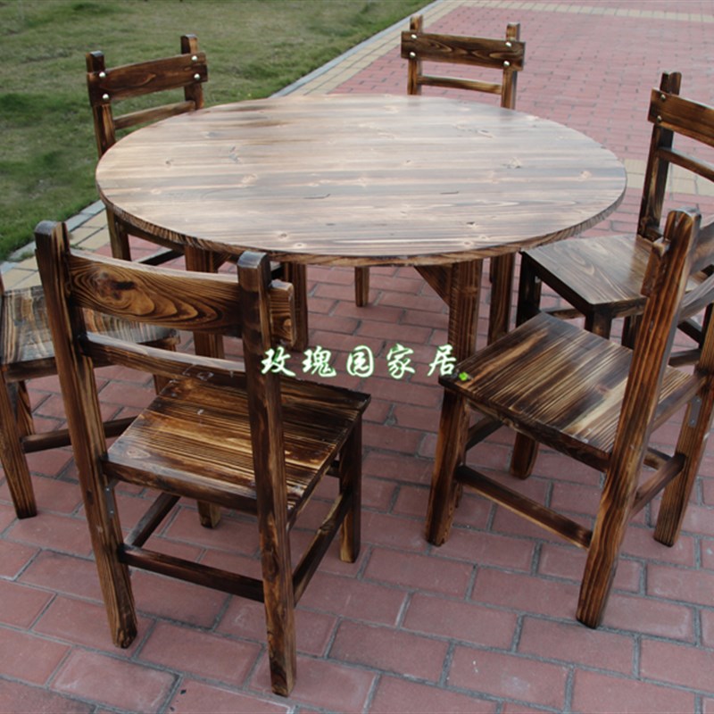 5折炭烧桌火锅桌碳化色餐桌椅碳烧台凳饭店圆桌椅黑色复古酒店桌