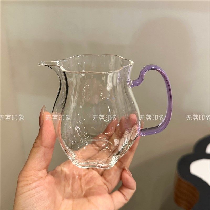 瓜棱玻璃公道杯高硼硅高透耐热茶海分茶器带把手防烫高端家用公杯