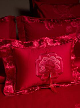 高端16S长绒提花刺绣四件套全棉贡缎红色绣花棉BPA婚庆件套0六十