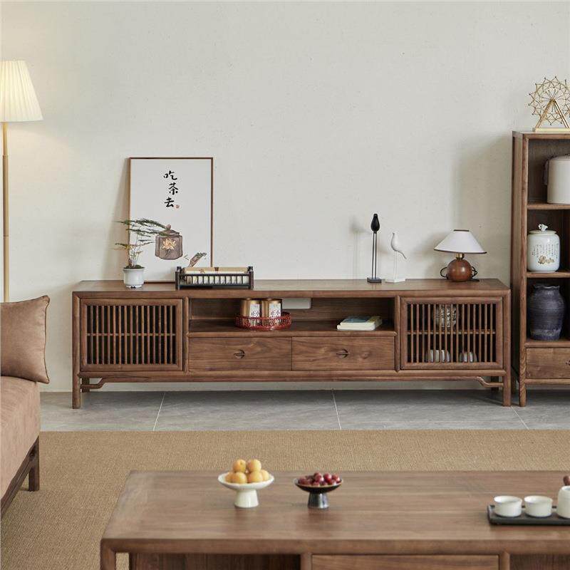新式全实木茶几电视柜合简约中现代组黑墙胡桃木RIM小户型客厅柜