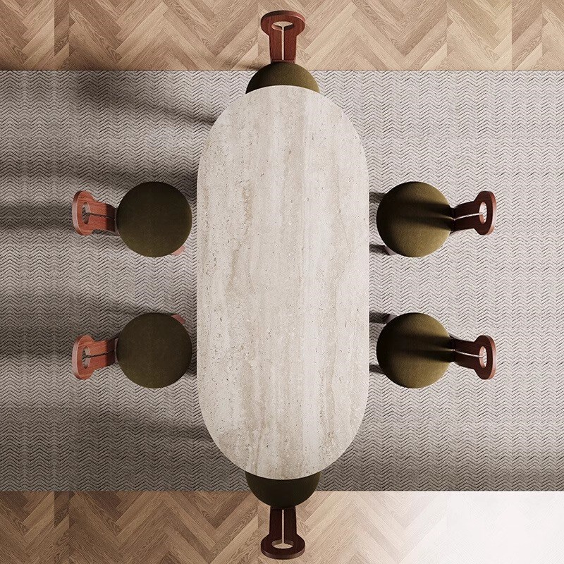 法式复古洞石岩板餐桌椅家用椭圆形202新款胡桃木长方形饭桌