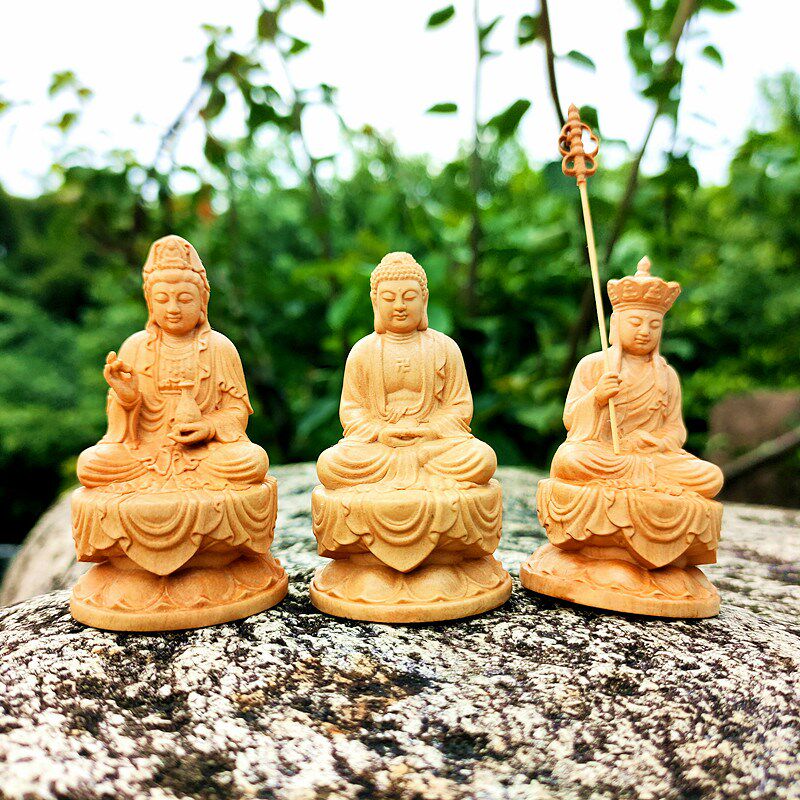 木雕娑婆三圣释迦摩尼佛黄杨木手工雕刻大愿地藏王菩萨观世音菩萨