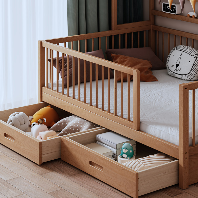 榉木儿童床实木儿童房单人床带护栏小床男孩女孩公主床加高树屋床