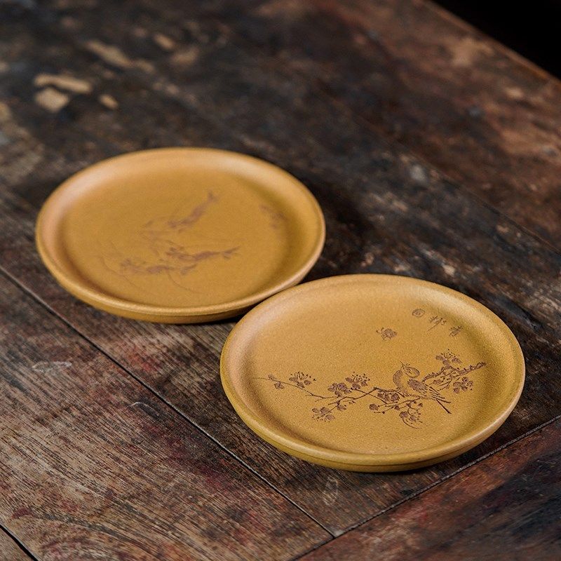 宜兴紫砂杯垫原矿紫砂小壶承段泥全手工刻绘虾趣喜上枝头精品杯垫