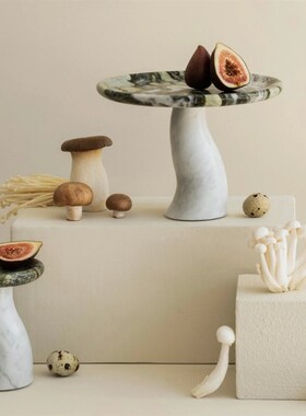 大理石蘑菇造型托盘样板间家用氛围感摆件大理石烛台香薰台果盘装