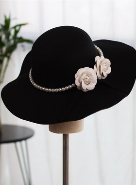 M010新娘礼帽 法式黑色大檐复古赫本风珍珠花朵优雅拍照英伦帽子