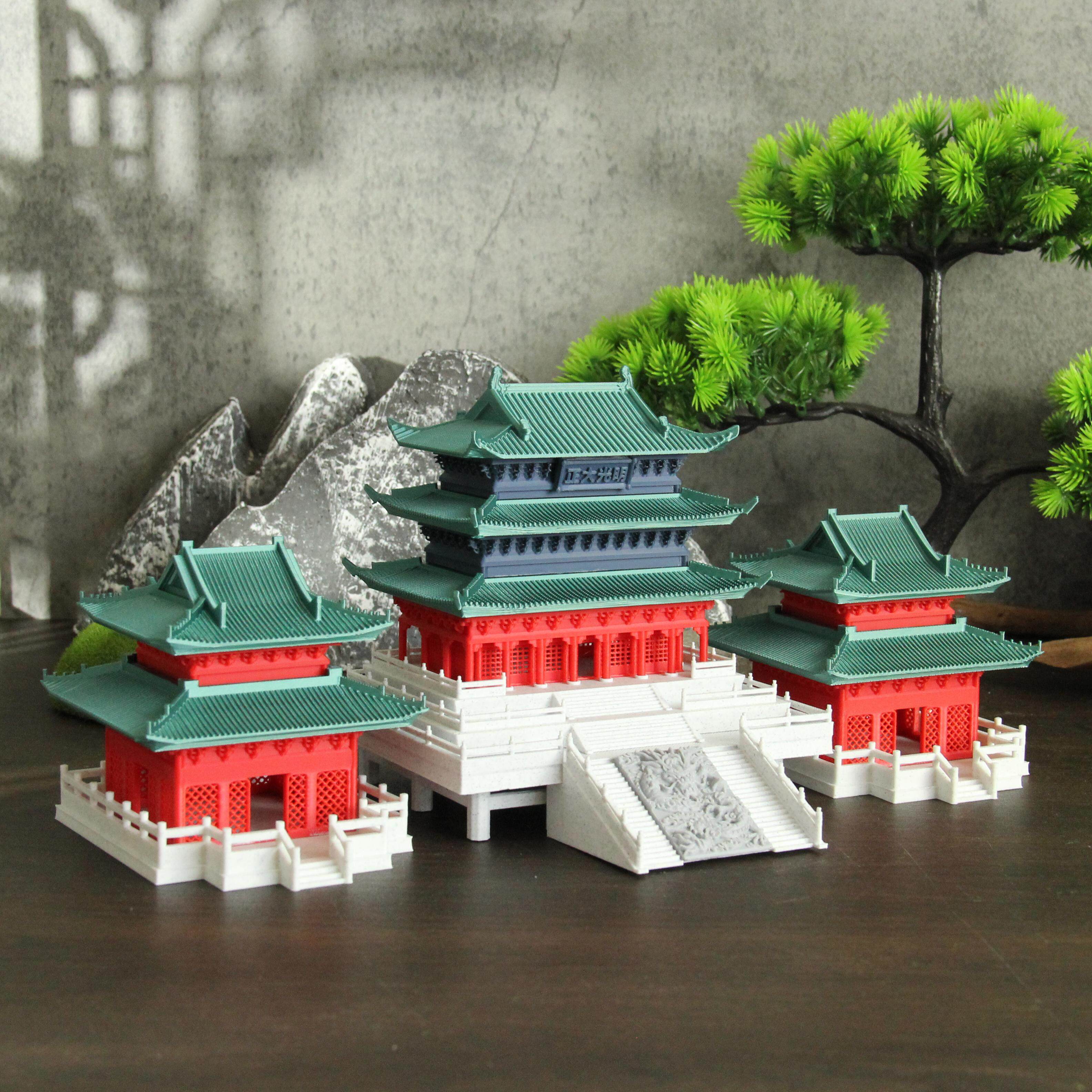 中式覆古带楼阁大殿家居鱼缸水陆缸假山景观沙盘造景装饰摆饰模型