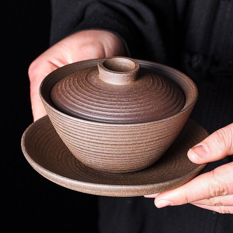 无忧粗陶盖碗大号手工茶碗陶瓷无釉三才盖碗茶具配件泡茶器
