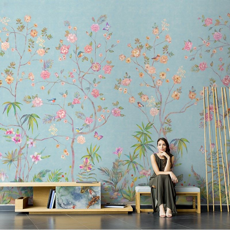 新中式田园手绘花鸟壁纸玫瑰花卉唯美壁画客厅电视背景墙纸无纺布