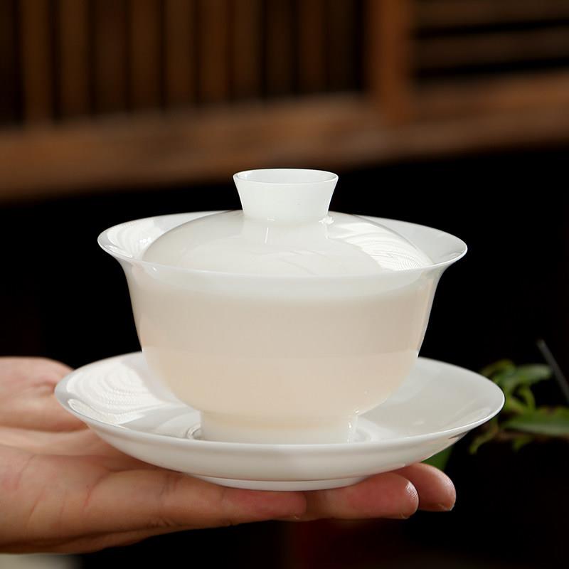 觅皿 德化羊脂玉冰种白瓷三才盖碗陶瓷薄胎功夫茶具泡茶碗敬茶杯