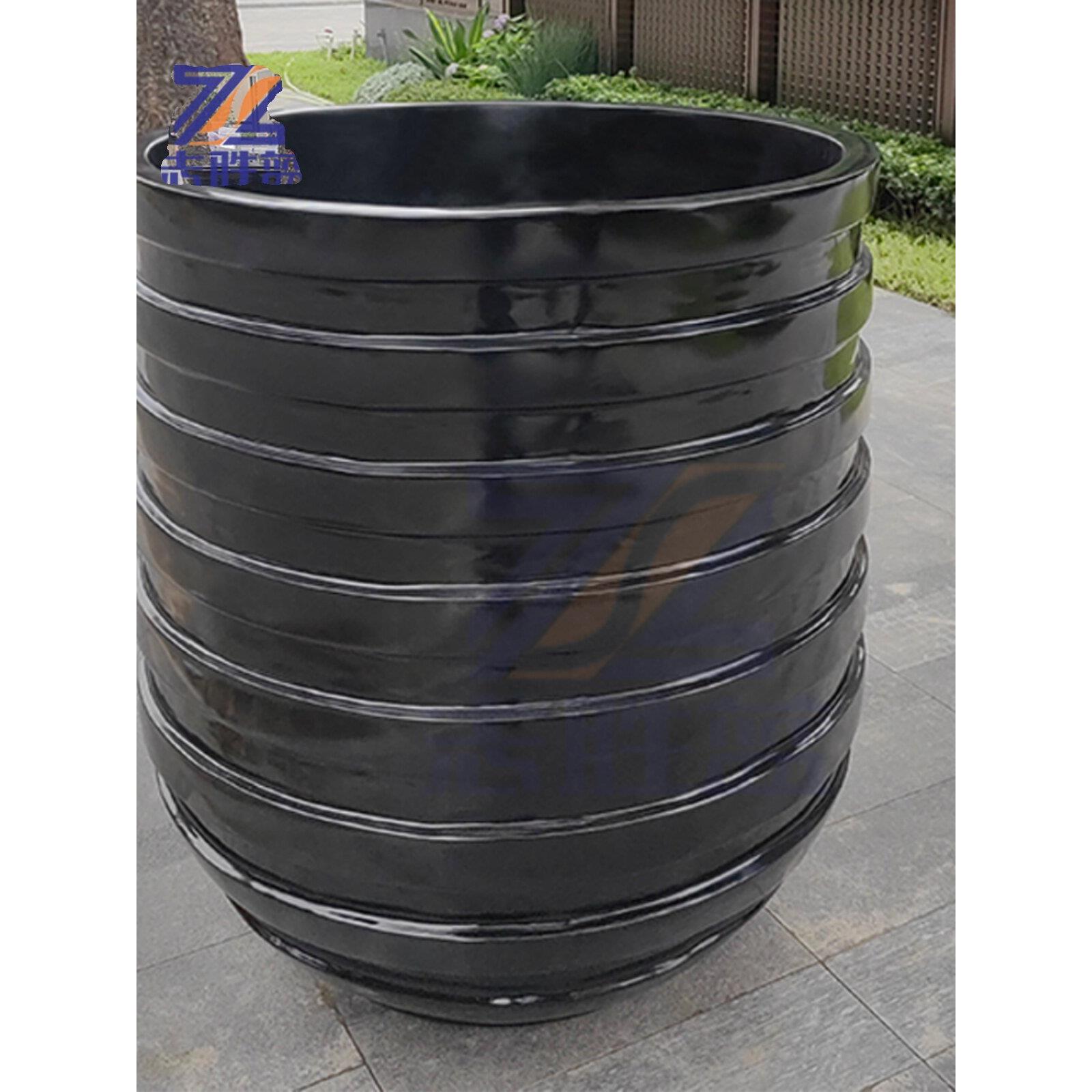 黑白色螺纹特大号高筒玻璃钢落地花盆发财树凤尾松金钱树景观树池