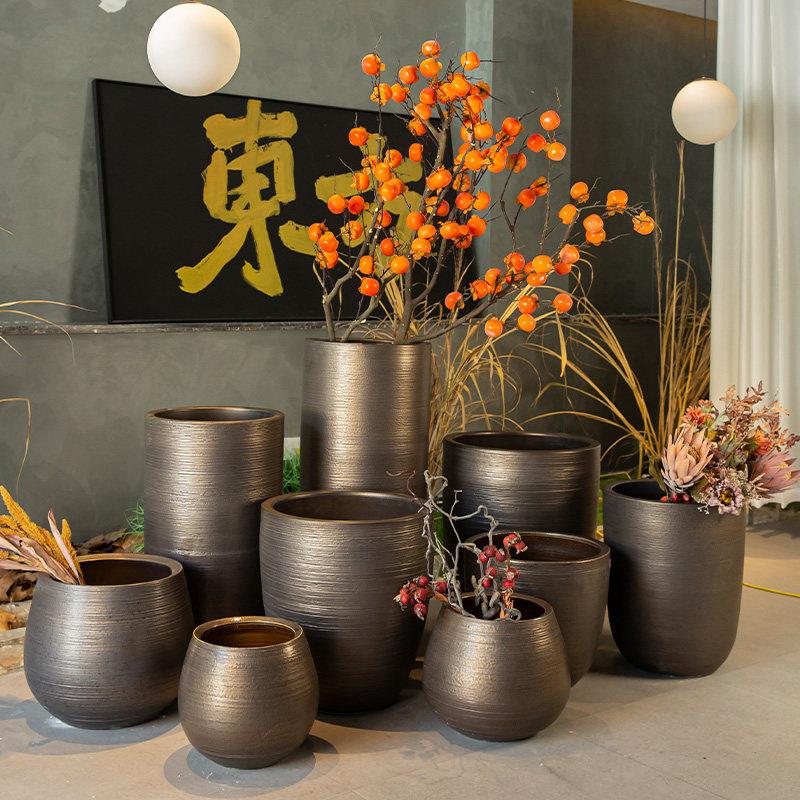 景德镇覆古金色陶瓷花盆摆件客厅富贵树种树大缸落地花瓶大号花盆