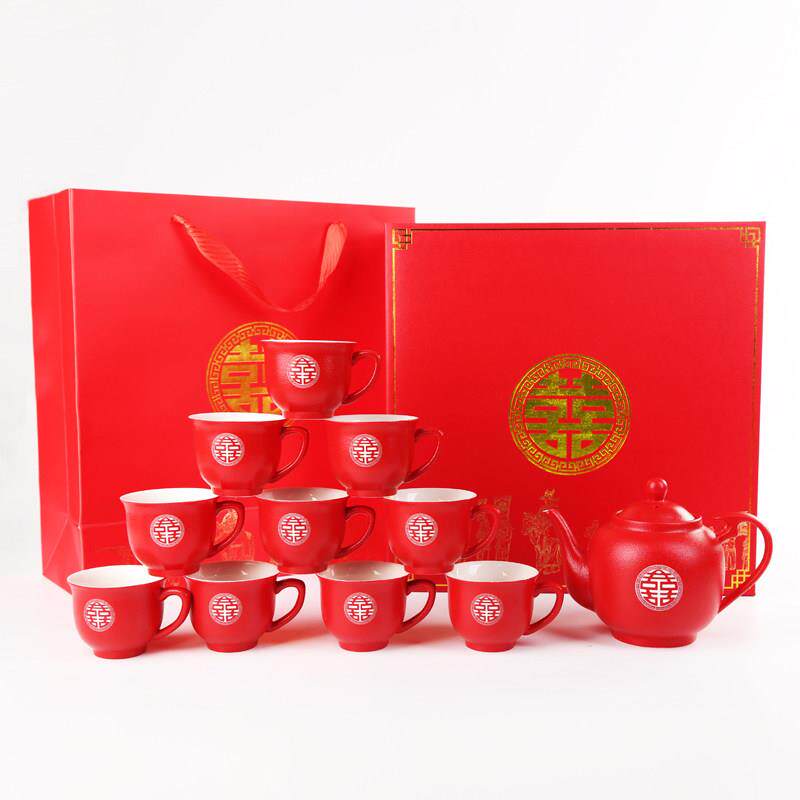 结婚茶具套组陶瓷红色敬茶杯茶壶改口茶杯婚庆陪嫁红茶具礼盒装
