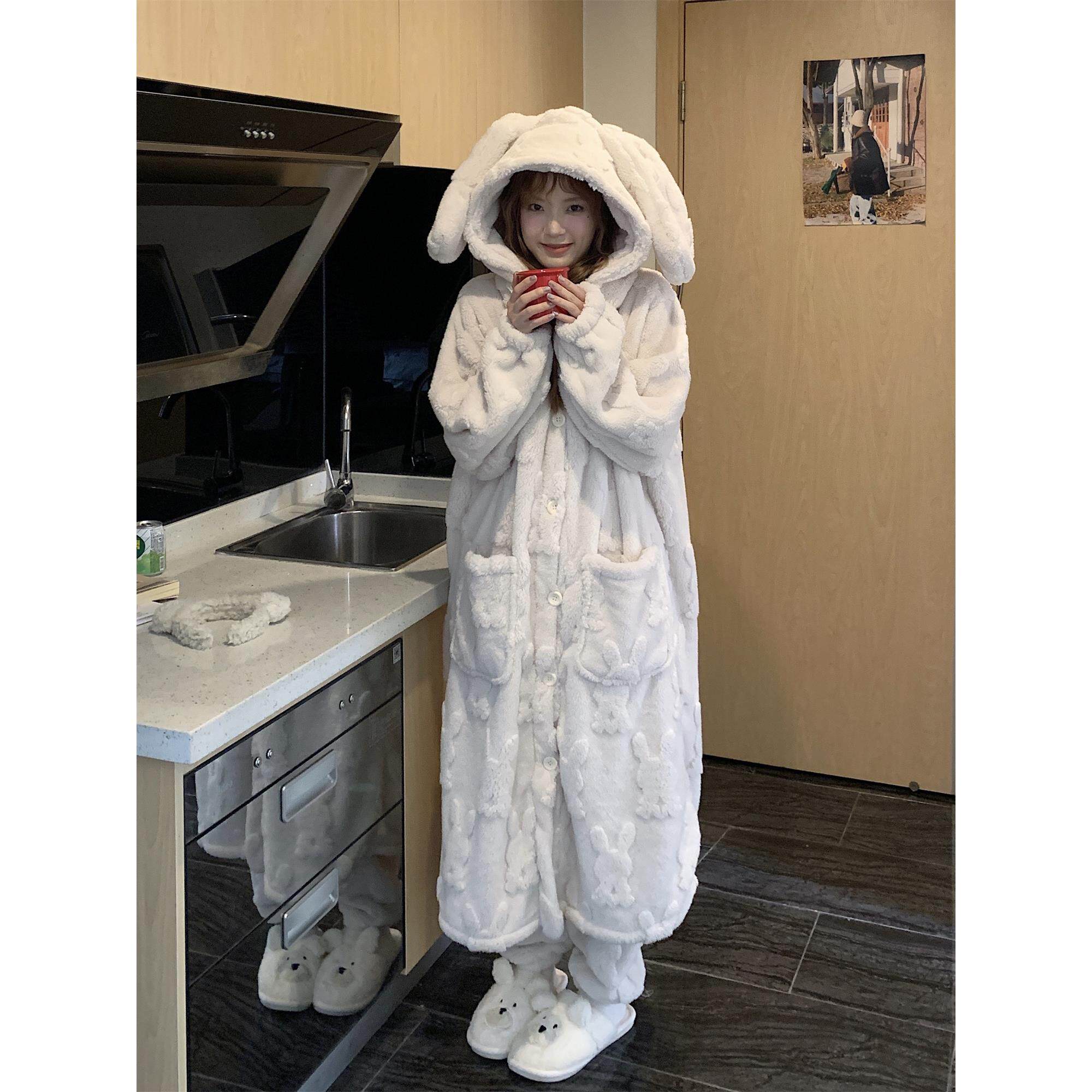 加厚珊瑚绒睡衣套装 2025新款甜美萌系长袖连帽睡袍 女款冬季家居