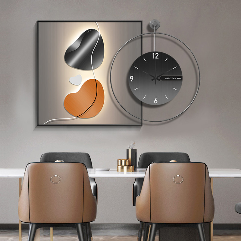 餐厅装饰画现代简约带钟表客厅时钟挂画黑白灰餐桌背景墙饭厅壁画