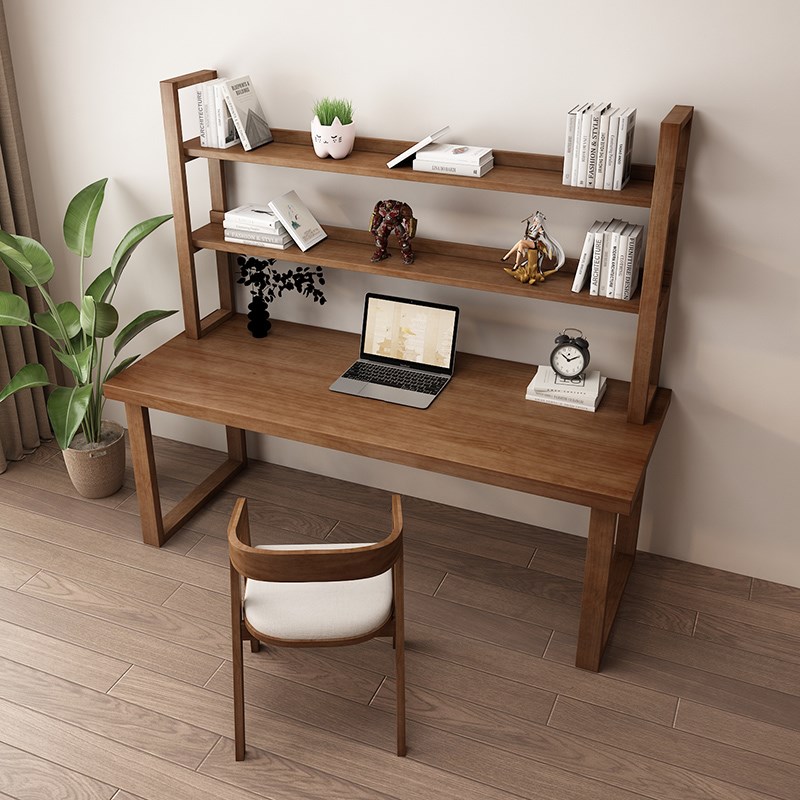loft台式电脑桌实木人书桌家用写字办公桌现代简约一体书架
