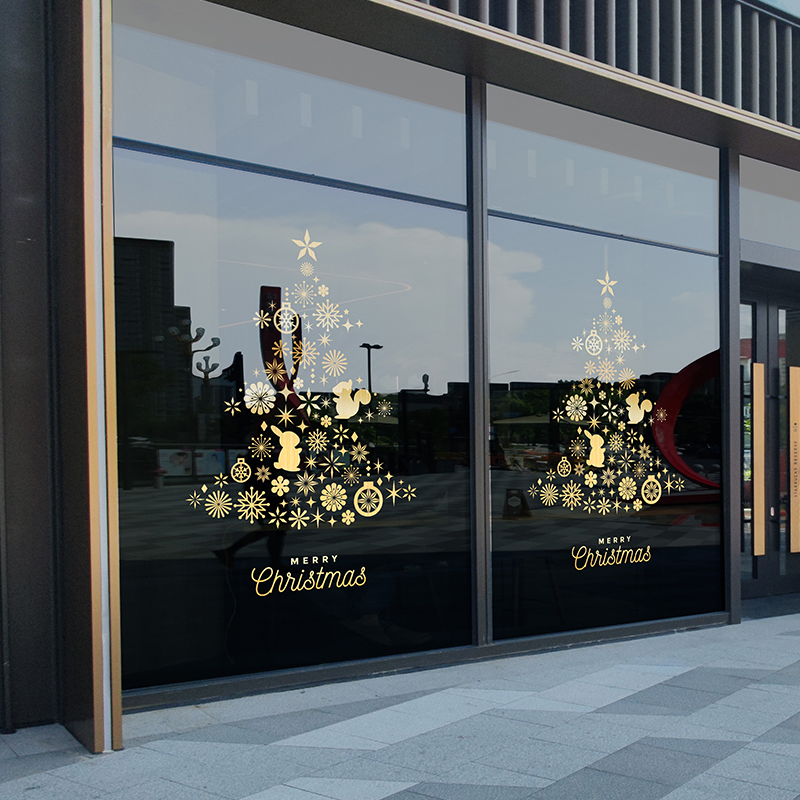 耶诞玻璃贴纸耶诞节静电贴耶诞树鎏金橱窗贴门贴场景布置店铺氛围