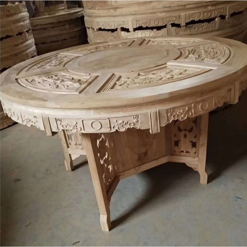 中式圆桌白茬老榆木全实木灯笼座雕花圆型圆形餐桌白胚坯酒店家用