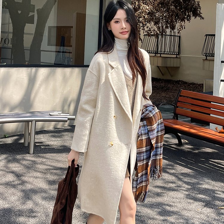 实拍网红韩系秋冬长款羊毛大衣羊毛外套西装领双排扣简约保暖外套