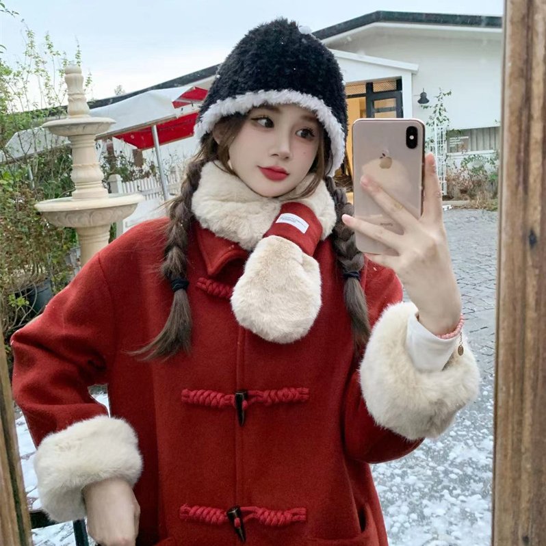 加厚夹棉毛领牛角扣呢子大衣冬季新款宽松韩系长款红色外套女