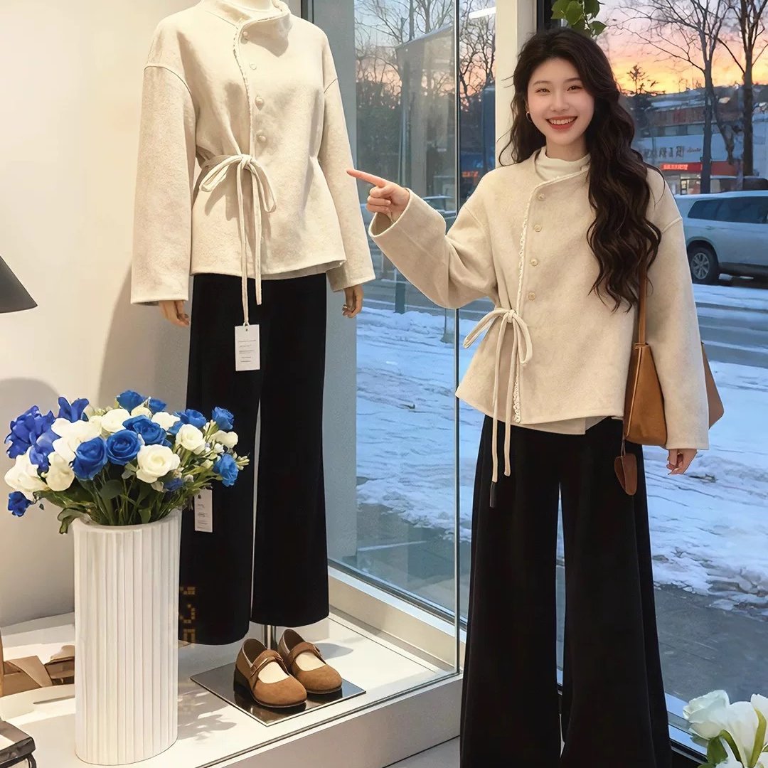 入冬搭配一整套韩系穿搭小香风蕾丝蝴蝶结毛呢外套休闲裤两件套装