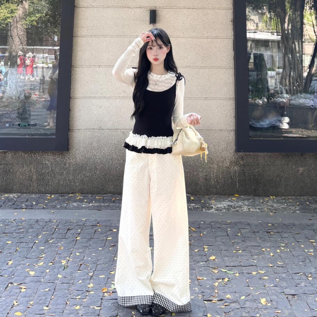 黑色假两件荷叶边拼接蕾丝秋季设计感修身长袖上衣加阔腿裤两件套