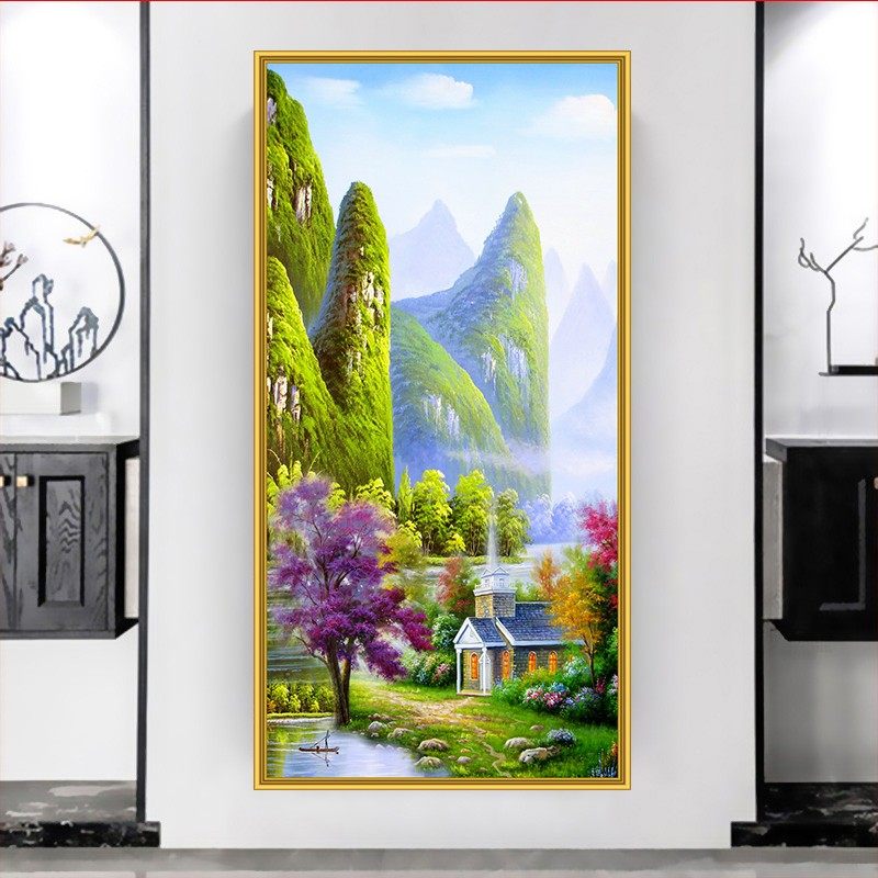 风景油画玄关画自粘过道入户背景墙竖版装饰画壁画贴纸墙画墙纸