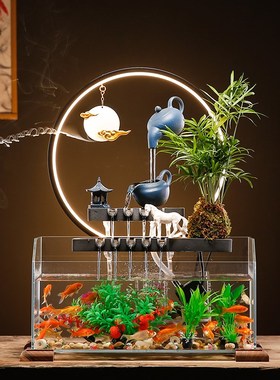 创意循环流水招财生财鱼缸摆件客厅办公室桌面微景观公司开业礼品