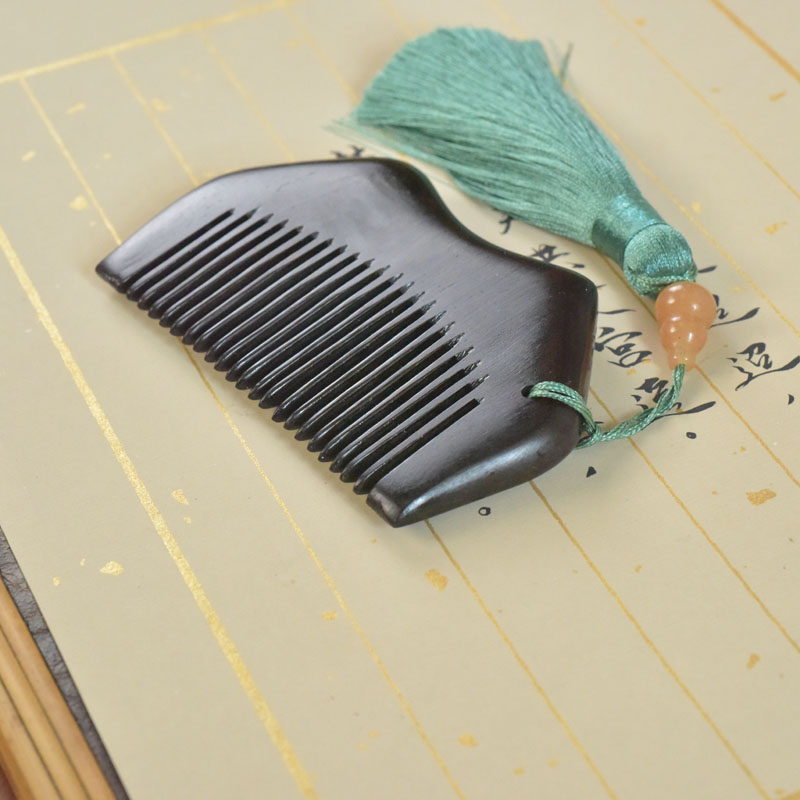 【闲岁】黑檀木梳子紫光檀猫咪可携式随身小巧可爱迷你古风流苏刻