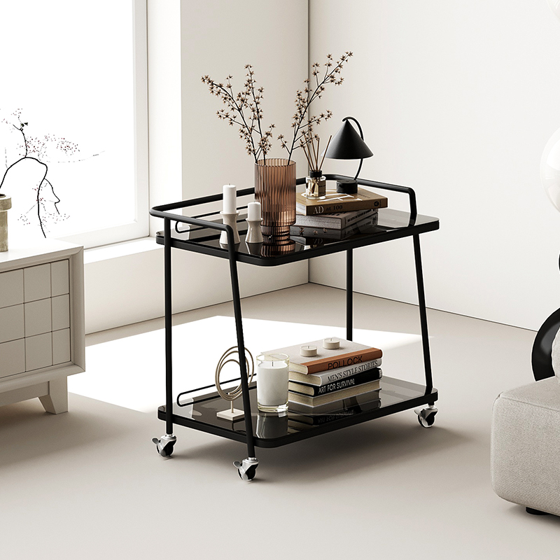 侘寂风可移动带轮客厅边几钢化玻璃小茶几卧室床头高级感简易推车