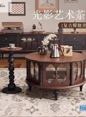 秋派家用客聪茶台玻璃实木古茶几中小户型圆FIS形雨瑞尚厅茶桌法