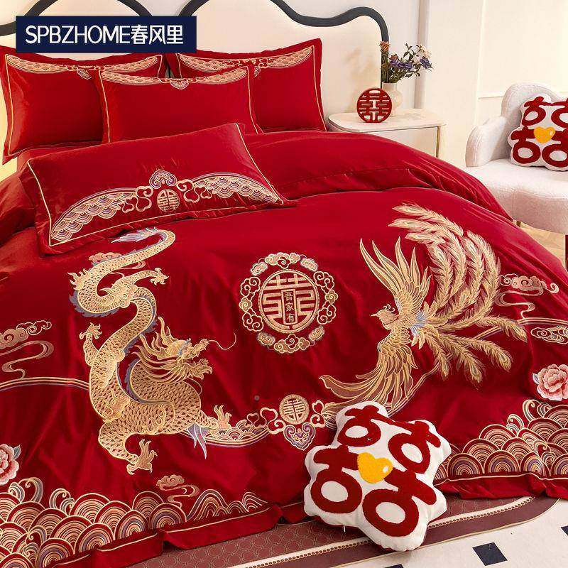 春婚风里四件套大红中式结婚庆床婚OFA上用品龙凤刺绣婚床新床单