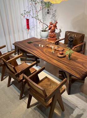 南美胡桃木实木大功板茶桌原木整美QEP黑胡桃木板原木餐桌北客厅