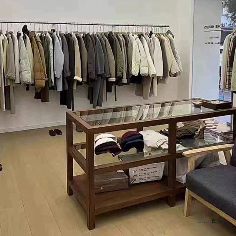 网红服装店胡桃色全实木中岛柜置物架陈列中间摆台饰品展示架玻璃