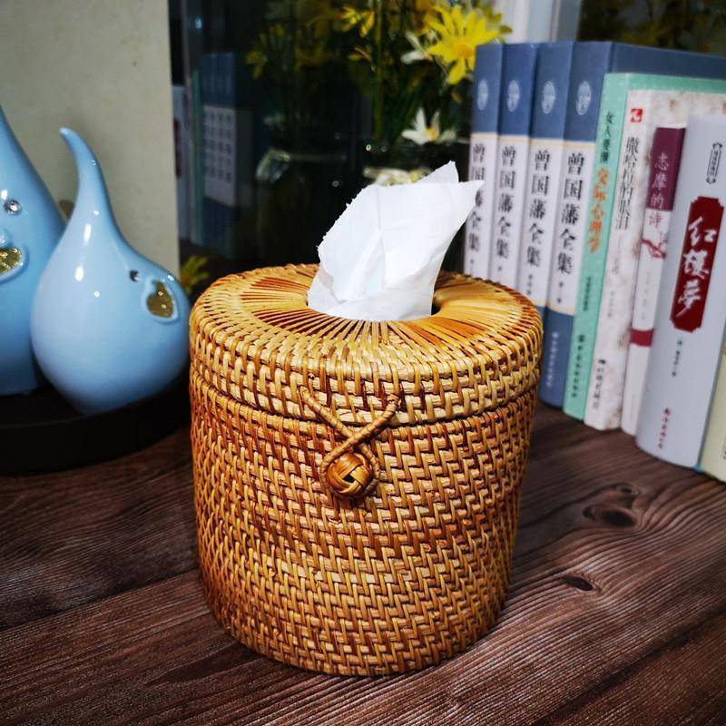 编手工编织纸藤巾用盒客厅抽桌面家卧室餐巾盒TBZJH100中式纸盒圆