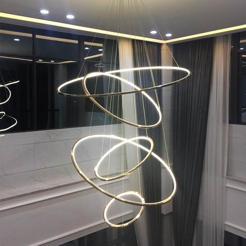 不钢圆锈形客厅别墅29845跃层灯复式楼梯环大长吊灯LOFT内发光挑