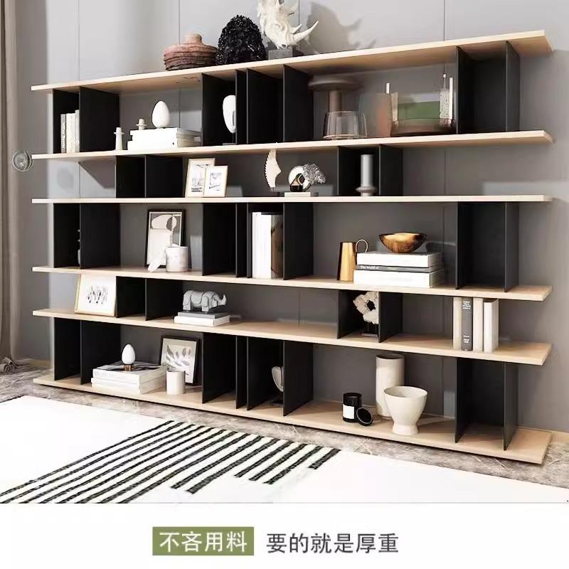 意式极简风原木钢落地置架物不锈多展示搁板、壁架书房层书柜靠墙