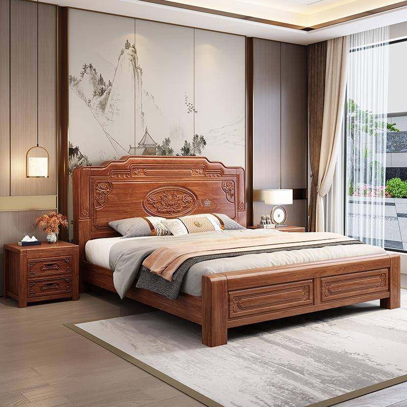 金花梨木床仿古雕花中榫全实木大床1人.8双卯式结构8805#花工厂直