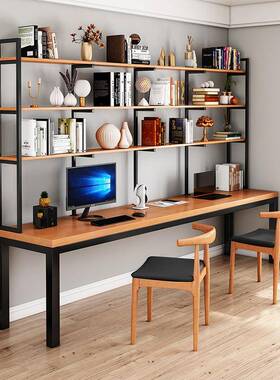 美实木铁学生写字书家桌书架组合一体用艺ywgc8729长条双人电脑台