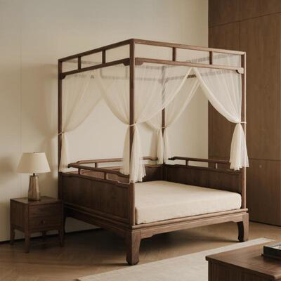 46033新式实木床双人床子床明式四柱床民酒宿店主卧宋式仿古架中