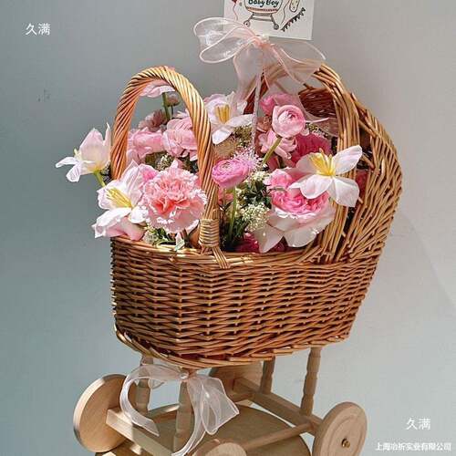 道花篮ALtj#lzn置推车影楼小推装童车藤编儿房拍照风具布置复古车