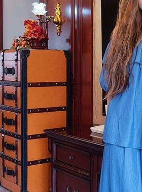 做AVI旧中复古风斗柜橙色五马鞍皮老花抽斗柜美乡式用村客厅家储