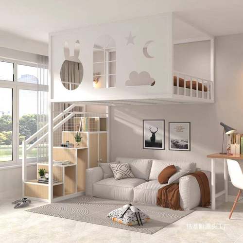 新款上层床下空艺高架床省空间二家楼悬空铁床OKE阁楼壁用挂树屋